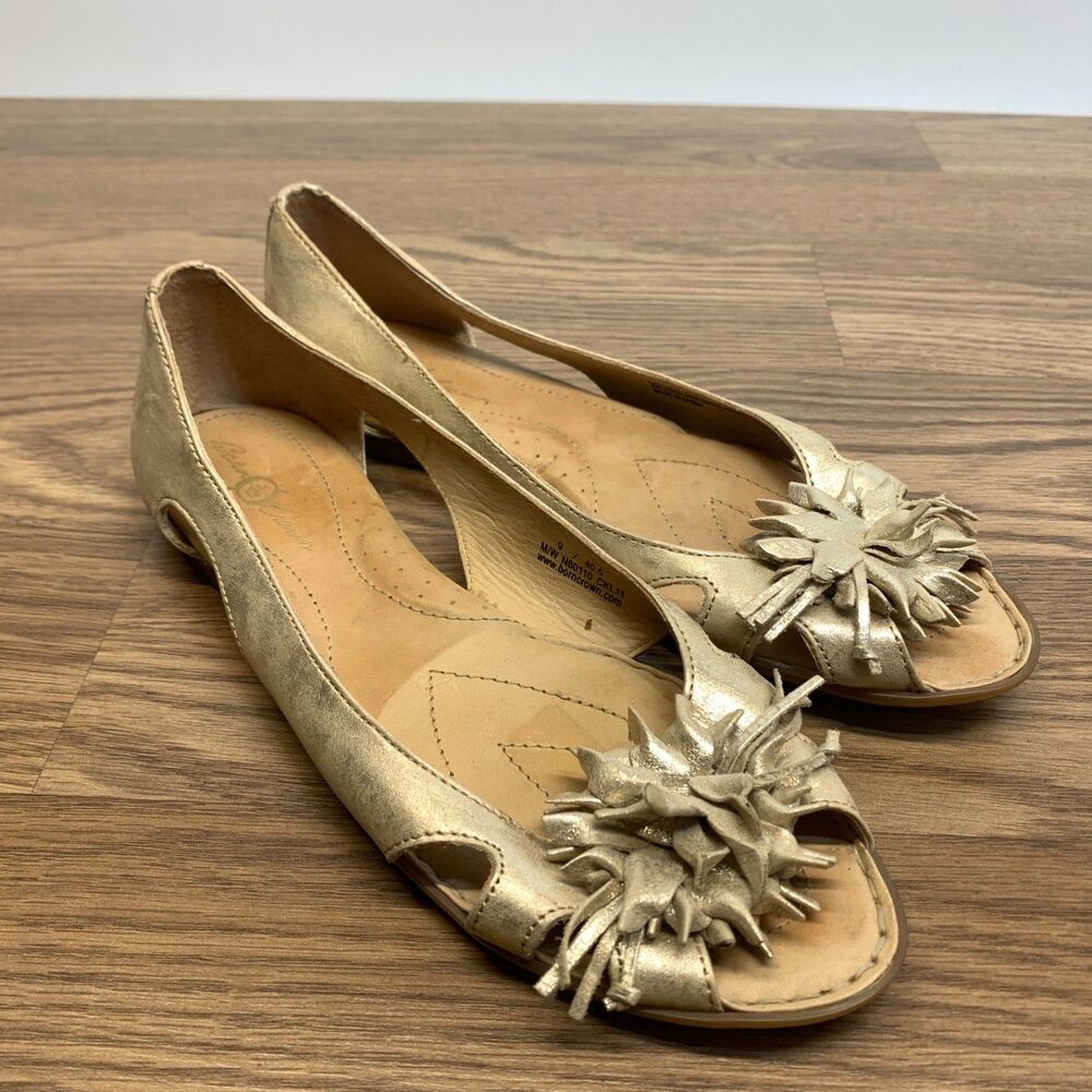 Metallic Gold‎ Peep Toe Flat Ballet Flower Born Crown Womens Size 9